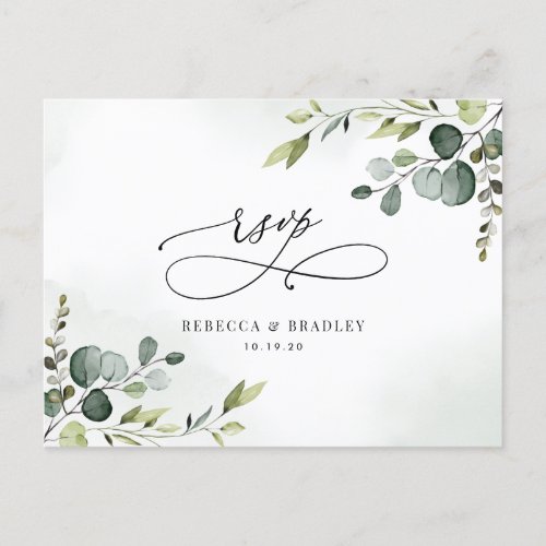 Elegant Script Eucalyptus Greenery Wedding Rsvp Postcard - Designed to coordinate with our Boho Greenery wedding collection, this customizable Rsvp Postcard features lush watercolor greenery eucalyptus leaves set against a delicate watercolor wash background with calligraphy graphic text, paired with a classy serif & modern sans font in black. Matching items available.