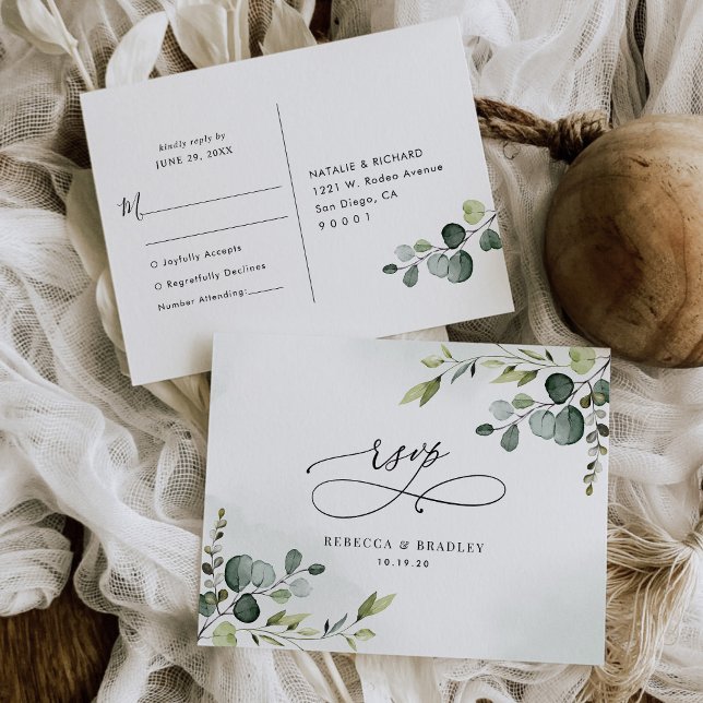 Elegant Script Eucalyptus Greenery Wedding Rsvp Postcard (Creator Uploaded)