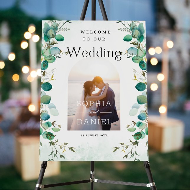 Elegant Script Eucalyptus Leaves Photo Wedding Foam Board (Creator Uploaded)