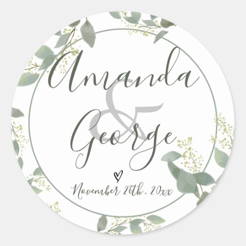 Elegant Script  Eucalyptus Leaves  Wedding Classic Round Sticker