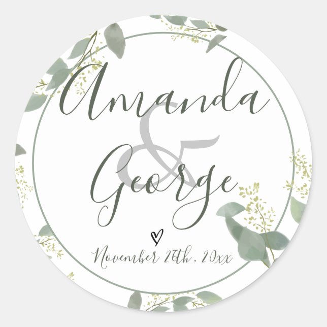Elegant Script | Eucalyptus Leaves | Wedding Classic Round Sticker (Front)
