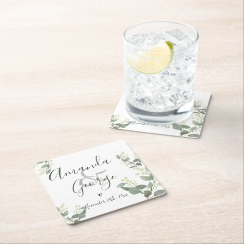 Elegant Script  Eucalyptus Leaves  Wedding Party Square Paper Coaster