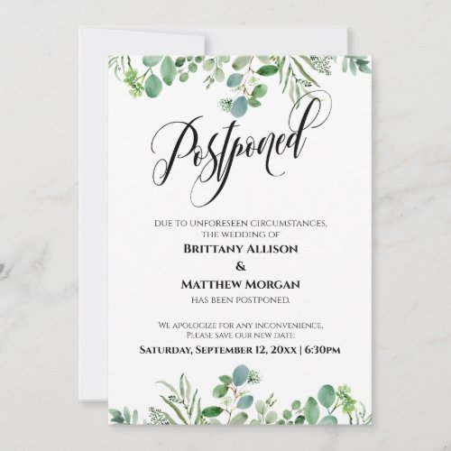 Elegant Script Eucalyptus Postponed Wedding Card