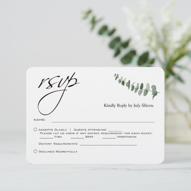 Elegant Script Eucalyptus QR Code Wedding rsvp Note Card (Standing Front)