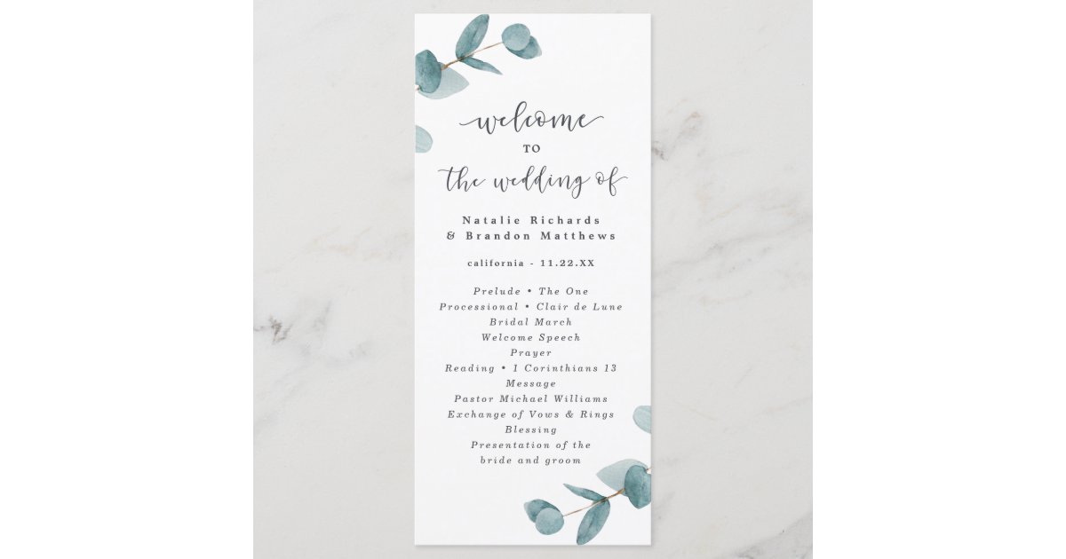 Elegant Script Eucalyptus Wedding Ceremony Program Zazzle Com