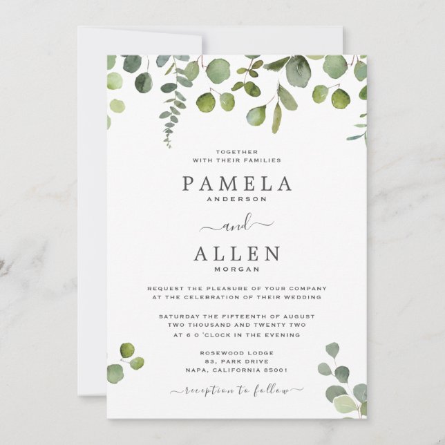 Elegant Script Eucalyptus Wedding Invitation (Front)