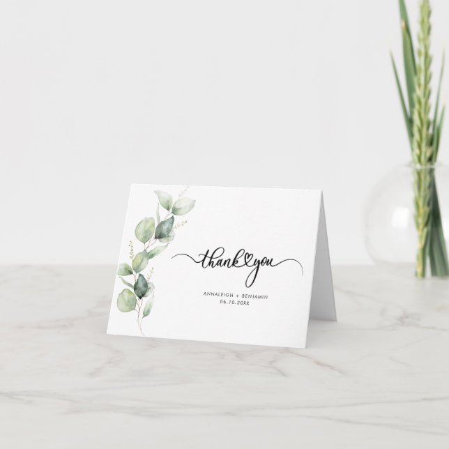 Elegant Script Eucalyptus Wedding Letterpress Thank You Card (Front)