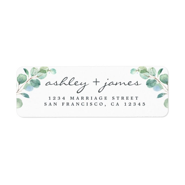 Elegant Script Eucalyptus Wedding Return Address L Label (Front)