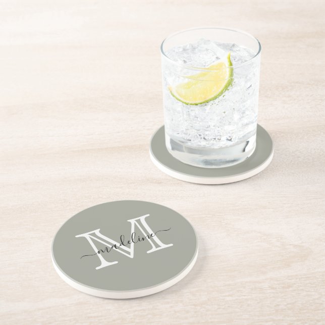 Elegant Script Evergreen Fog Monogram Kitchen Coaster (Side)
