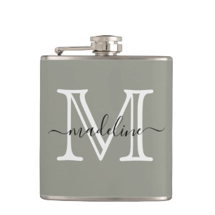 Elegant Script Evergreen Fog Monogram Kitchen Flask