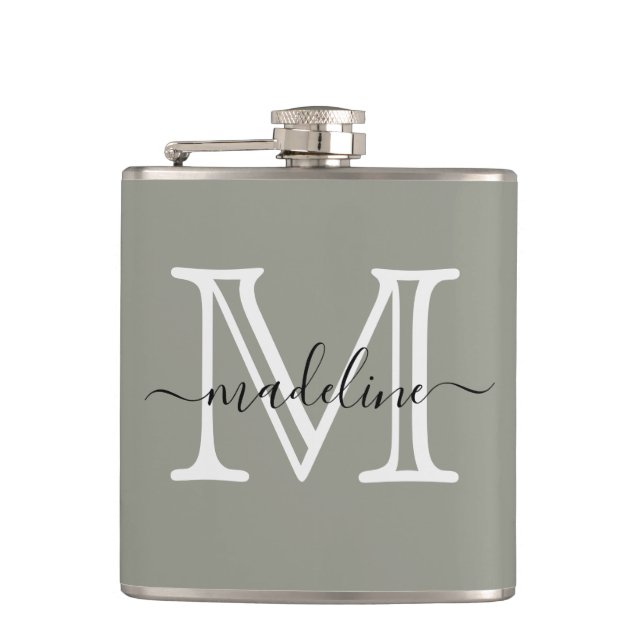 Elegant Script Evergreen Fog Monogram Kitchen Flask (Front)