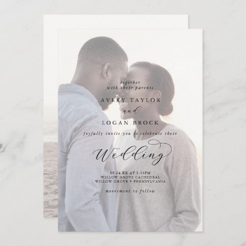 Elegant Script Faded Photo Front and Back Wedding Invitation