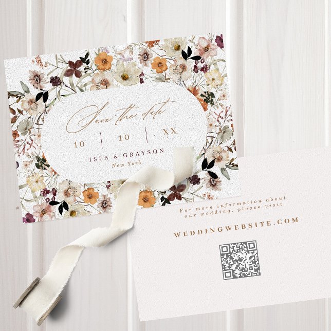 Elegant Script Fall Wildflowers QR Code Wedding Save The Date (Creator Uploaded)