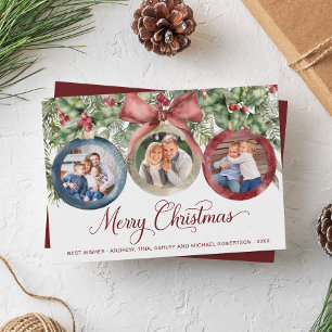 Elegant Script Family 3 Photo Watercolor Christmas Holiday Card