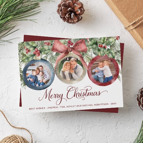 Elegant Script Family 3 Photo Watercolor Christmas Holiday Card