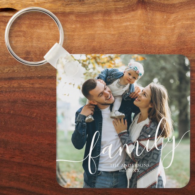 Elegant Script "Family" Custom Photo Keychain (Front)
