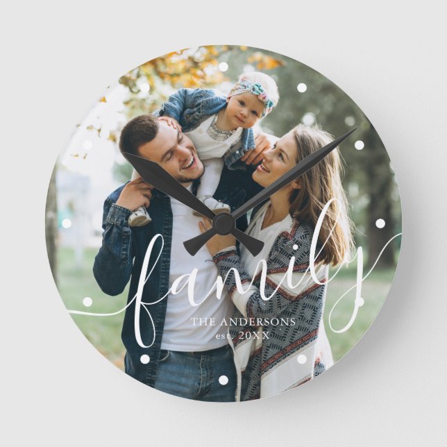Elegant Script "Family" Custom Photo Round Clock (Front)