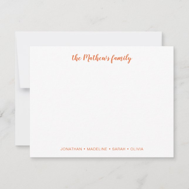 Elegant Script Family Last Name Orange Note Card (Front)
