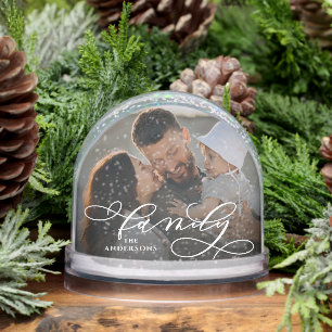 Elegant Script Family Name & 2 Photos Snow Globe