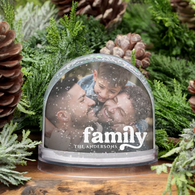 Elegant Script Family Name & 2 Photos Snow Globes (Winter)