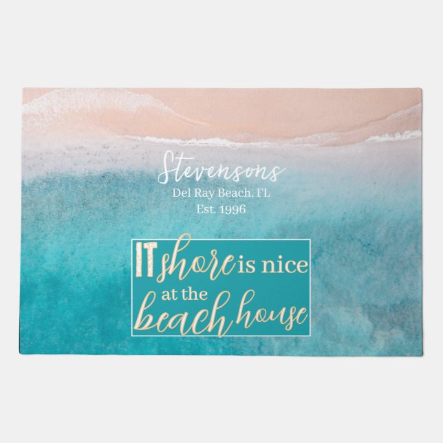 Elegant Script Family Name Beach Vacation House Doormat (Front)