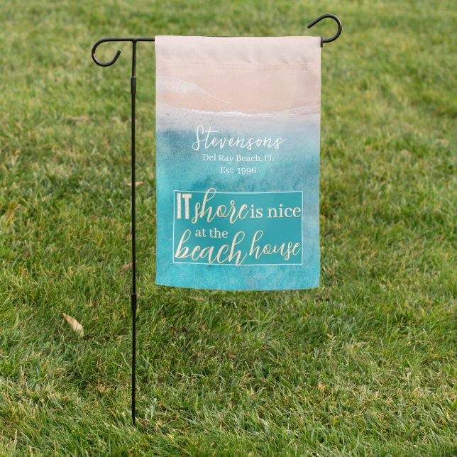 Elegant Script Family Name Beach Vacation House Garden Flag (In SItu)