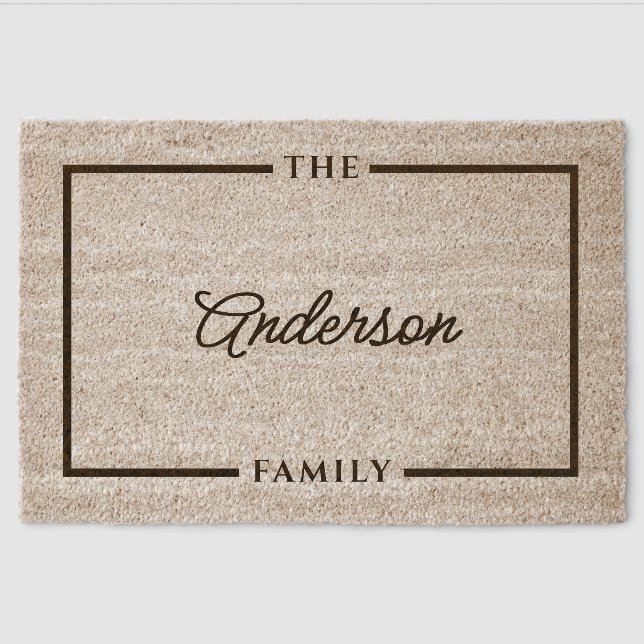 Elegant Script Family Name Modern Rustic Fiber Doormat (Front)
