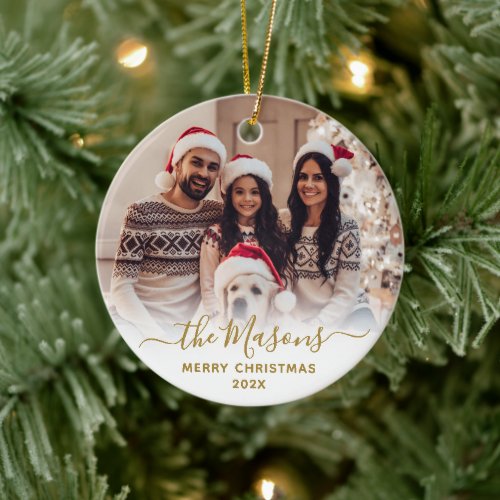 Elegant Script Family Name Photo Merry Christmas   Ceramic Ornament