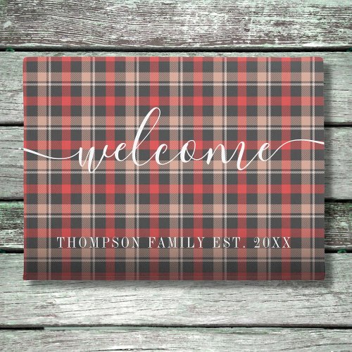 Elegant Script Family Name Plaid pattern Doormat