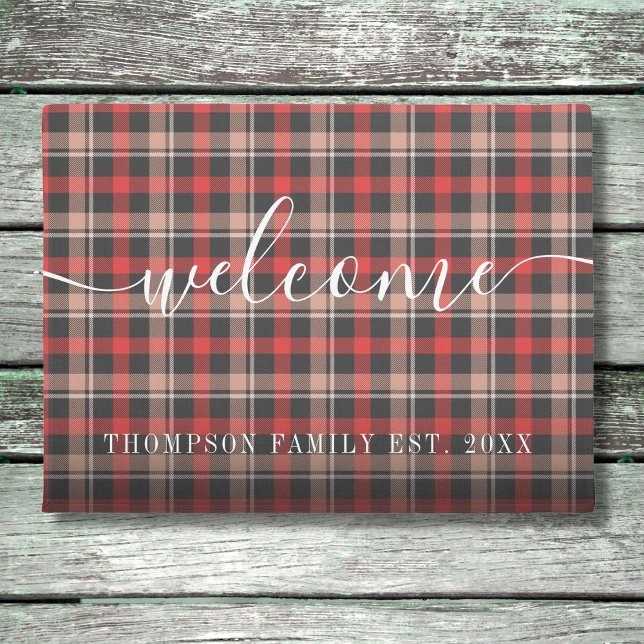 Elegant Script Family Name Plaid pattern Doormat (Creator Uploaded)