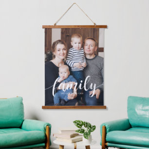 Elegant Script "Family" Overlay Photo Hanging Tapestry