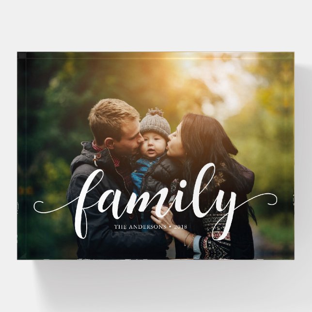 Elegant Script "Family" Overlay Photo Paperweight (Front)