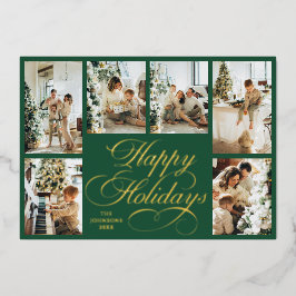 Elegant Script & Family Photo Collage Christmas Foil Holiday Card