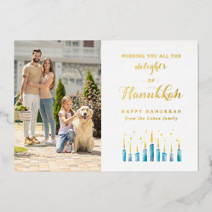 Elegant Script Family Photo Watercolor Hanukkah Foil Holiday Card