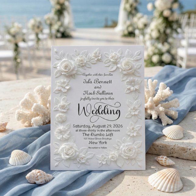 Elegant Script Faux Embossed Roses Formal Wedding Invitation (Creator Uploaded)