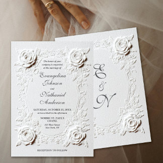 Elegant Script Faux Embossed Roses Formal Wedding Invitation
