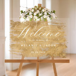 Elegant Script Faux Gold Brushed Welcome Wedding Acrylic Sign<br><div class="desc">Transform your wedding venue into a scene of timeless elegance with our elegant calligraphy script white typography and faux gold brushed background welcome wedding acrylic sign. This exquisite piece is designed to welcome your guests with sophistication and charm, setting the tone for your unforgettable day. The sign boasts a beautifully...</div>