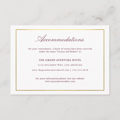 Elegant Script Faux Gold Burgundy Accommodations Enclosure Card