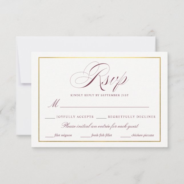 Elegant Script Faux Gold Burgundy RSVP Meals Card (Front)
