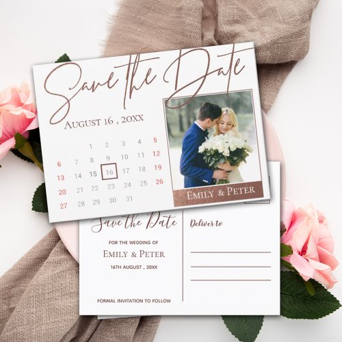 Elegant Script Faux Rose Gold Wedding Photo Announcement Postcard