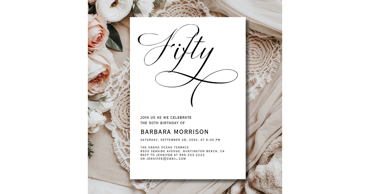 50th Script Elegant Script Fifty 50th Birthday Black White Invitation | Zazzle
