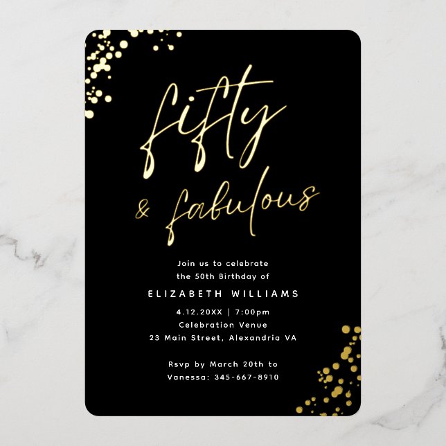 Elegant Script Fifty and Fabulous Birthday Gold Foil Invitation (Front)