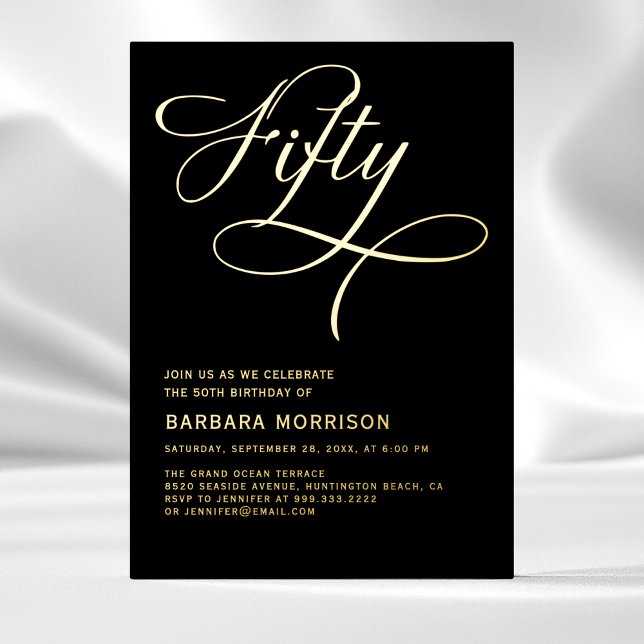 Elegant Script Fifty Black Gold 50th Birthday Foil Invitation (Creator Uploaded)