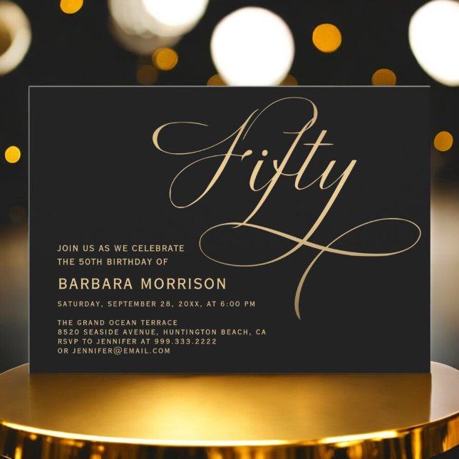 Elegant Script Fifty Black Gold 50th Birthday Invitation (Creator Uploaded)