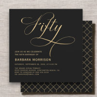 Elegant Script Fifty Black Gold 50th Birthday