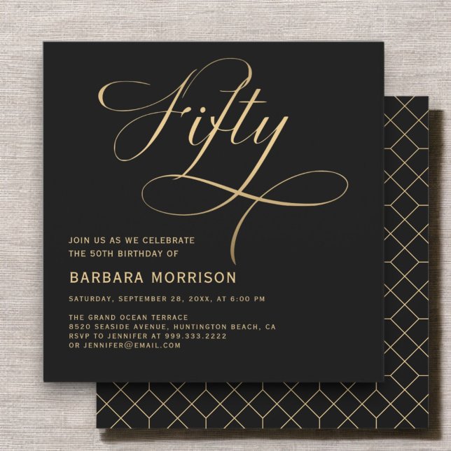 Elegant Script Fifty Black Gold 50th Birthday Invitation (Creator Uploaded)