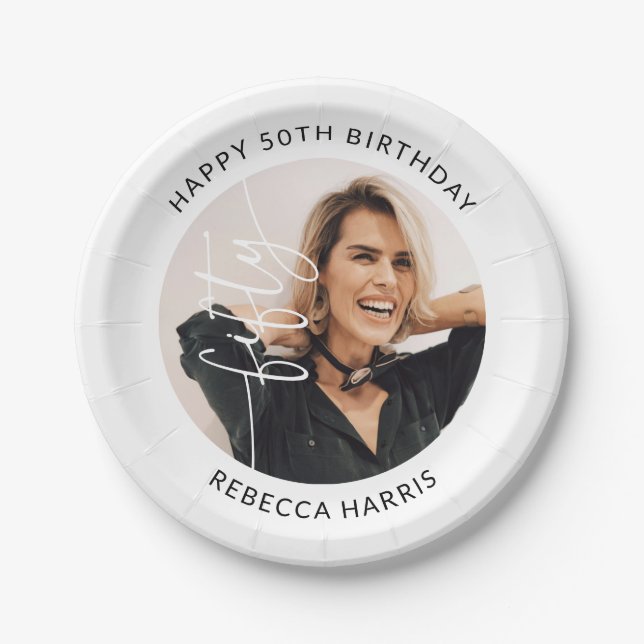 Elegant Script Fifty Photo 50th Birthday Paper Plates (Front)