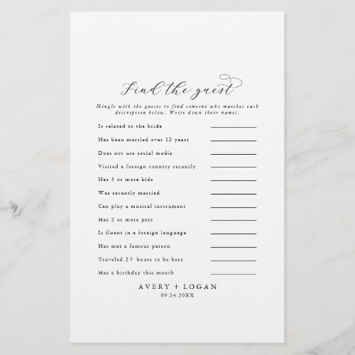 Elegant Script Find the Guest Wedding Game Card Flyer