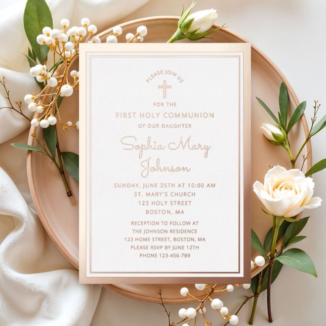 Elegant Script First Communion Rose Gold  Foil Invitation (Elegant Script First Communion Rose Gold Foil Invitation)