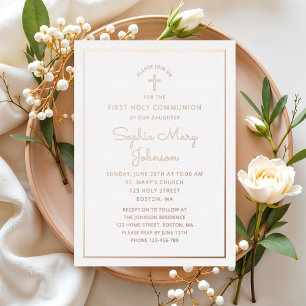 Elegant Script First Communion Rose Gold Foil Invitation